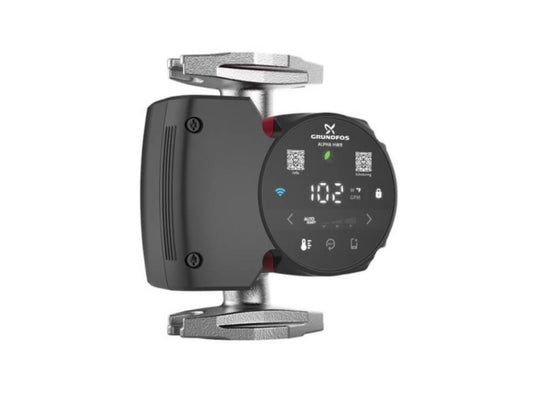 Grundfos ALPHA2 15-55F SF variable speed ECM circulator pump displaying the stainless steel flanged connection housing, clear unpainted metal finish, and the digital push-button LED user interface panel.