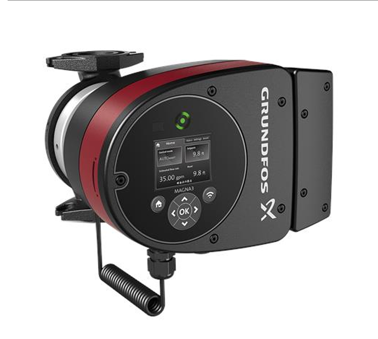 Grundfos MAGNA3 50-120 F wet-rotor commercial smart circulator pump side angle view showing cast iron housing and control interface