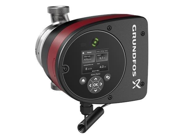 Grundfos MAGNA3 high-efficiency smart commercial wet-rotor circulator pump featuring a heavy black iron volute casing, permanent-magnet motor, and an integrated digital control interface display panel with red accents.