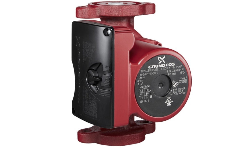 Grundfos UP 15-42F Super Brute cast iron 3 speed circulator pump showing the red selector switch housing and the 2 bolt flanged industrial pipeline connection points.