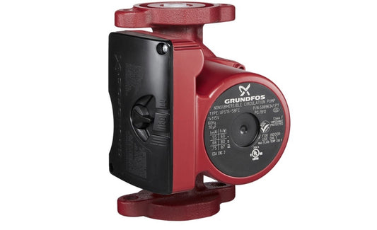 Grundfos UP 15-42F Super Brute cast iron 3 speed circulator pump showing the red selector switch housing and the 2 bolt flanged industrial pipeline connection points.