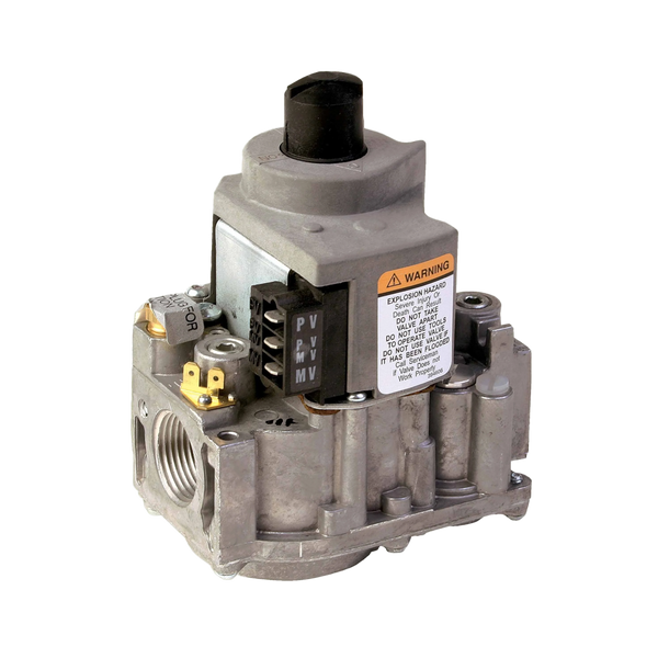 Honeywell VR8345M4302 universal electronic combination gas valve highlighting the aluminum cast straight through body, black gas control toggle knob, and top-facing 24V terminal wiring connections.