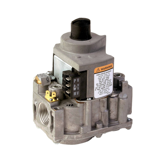 Honeywell VR8345M4302 universal electronic combination gas valve highlighting the aluminum cast straight through body, black gas control toggle knob, and top-facing 24V terminal wiring connections.