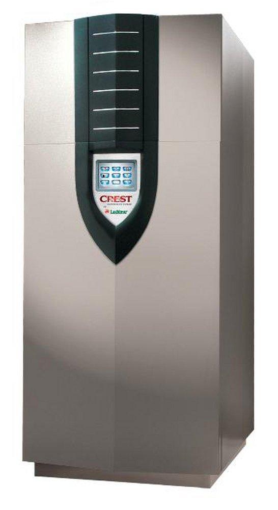 Lochinvar Crest SlimShield 1.0 Million BTU commercial condensing boiler model FBN1001, showing a three-quarter perspective of the high-efficiency stainless steel cabinet housing and digital touchscreen control panel.