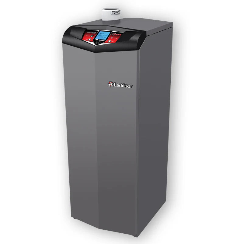 Lochinvar Knight high efficiency condensing wall mount hydronic boiler with advanced SMART SYSTEM digital control interface.