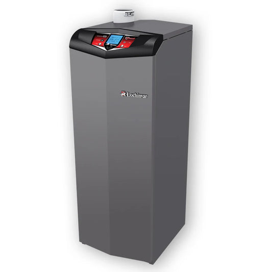 Lochinvar Knight high efficiency condensing wall mount hydronic boiler with advanced SMART SYSTEM digital control interface.