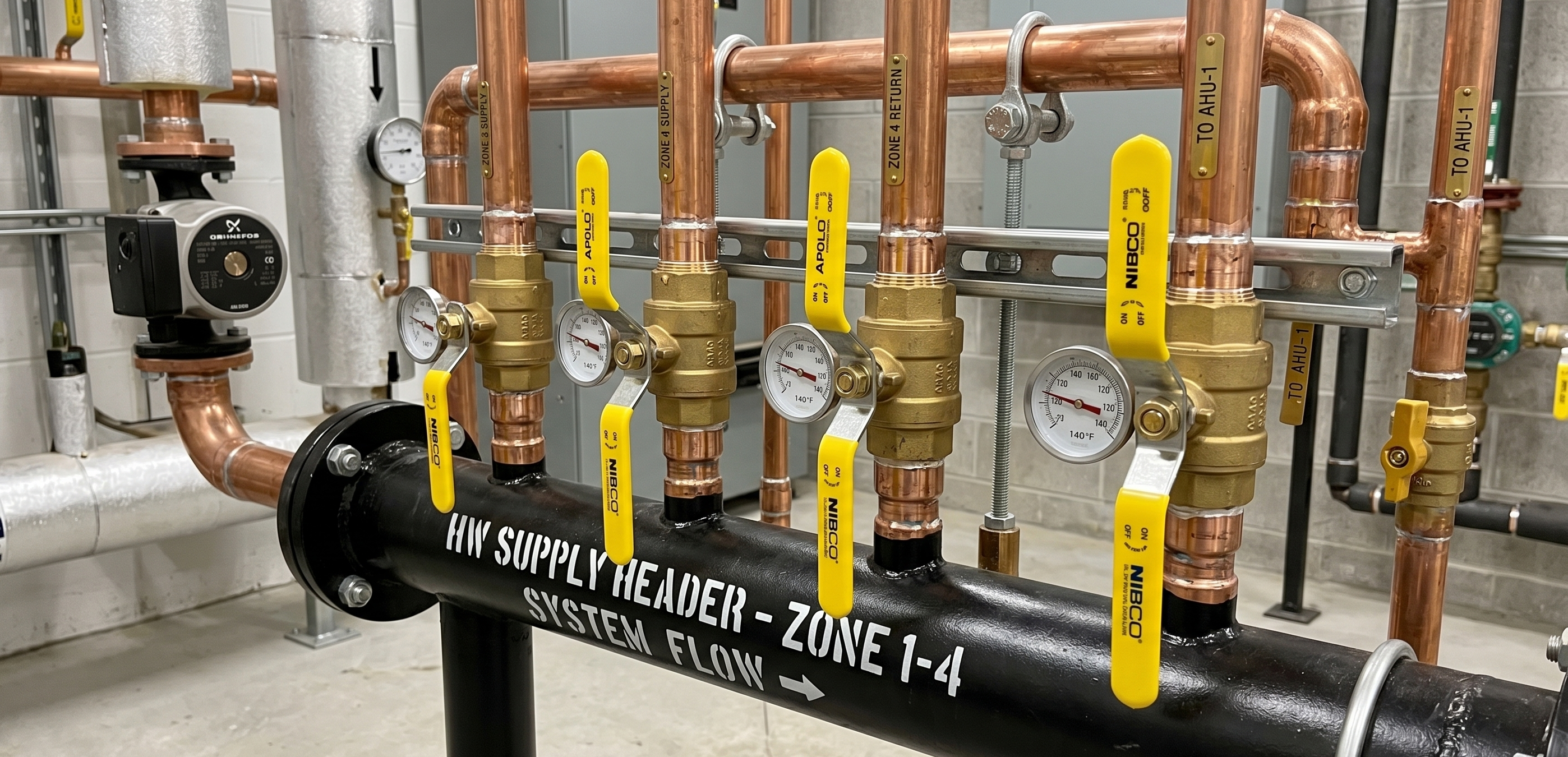 Close-up of industrial copper piping and mechanical pressure valves installed in a commercial building boiler room.