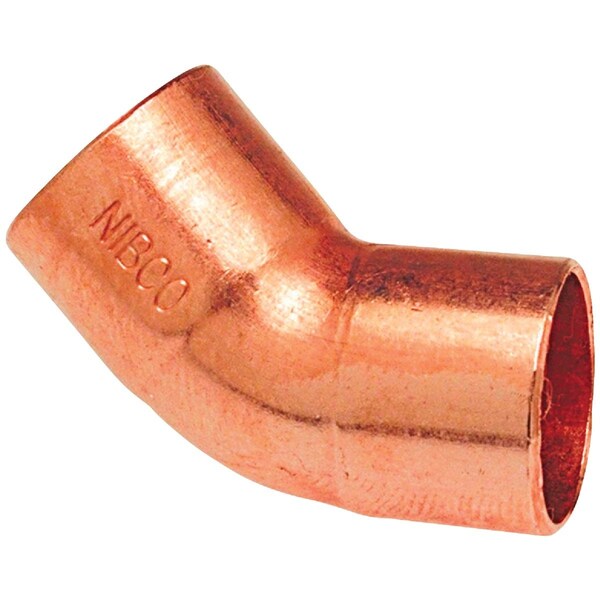Seamless wrot copper 45 degree angled socket elbow eighth bend pressure fitting showing female sweat solder connections