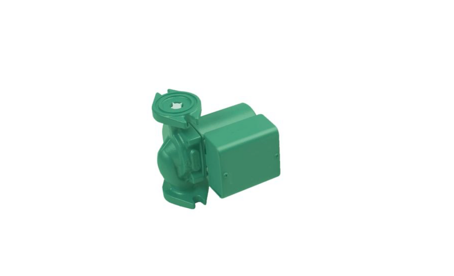 Studio front-facing shot of a green Taco LoadMatch 007-F5-7IF circulator pump, featuring its signature heavy cast iron flanged body housing, flat black motor cap overlay, and inline bolt ports on a solid white background.
