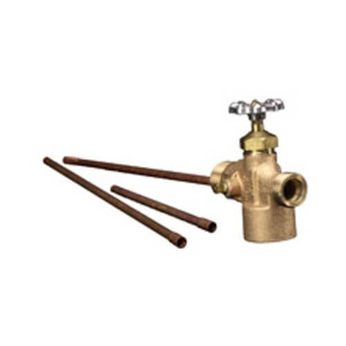 Studio front product shot showcasing a Taco bronze hydronic combination expansion tank drain fitting next to its included dual copper air tube extension rods, isolated cleanly on a solid white background.