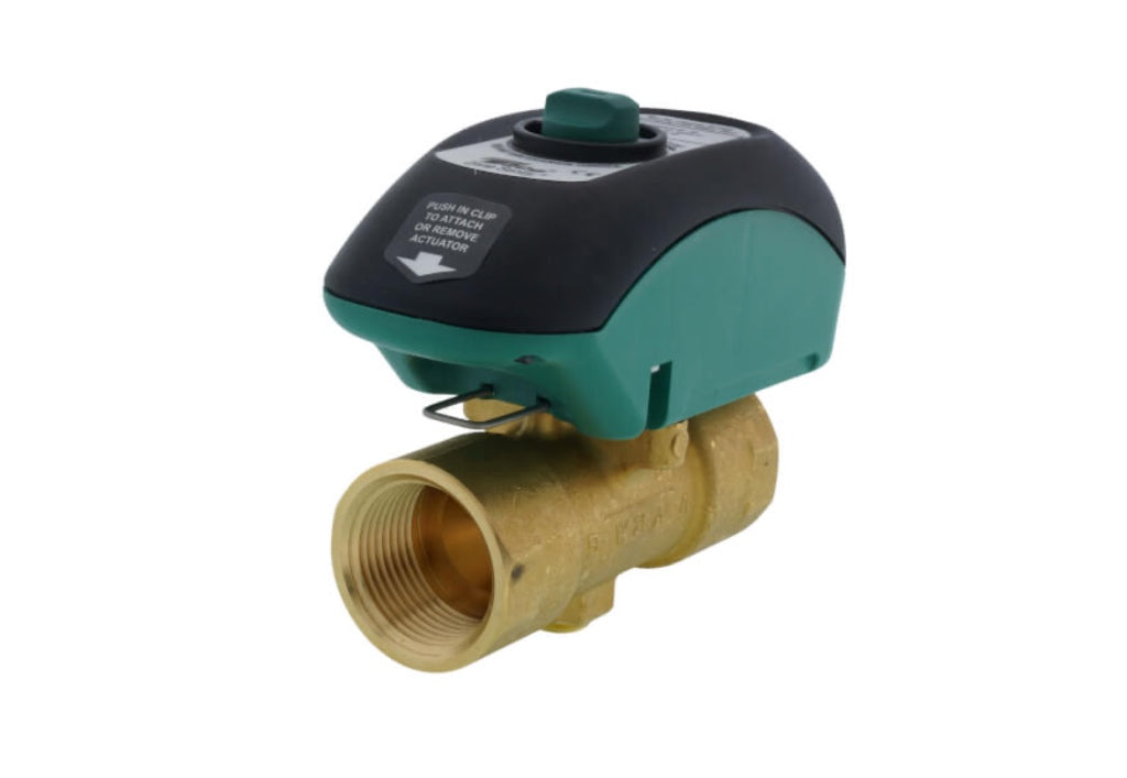 Studio product profile of a Taco Z100T2-3 Zone Sentry motorized zone valve, showing its solid forged brass 1-inch NPT threaded valve body coupled with a distinctive green snap-on electronic actuator housing block on a clean white background.
