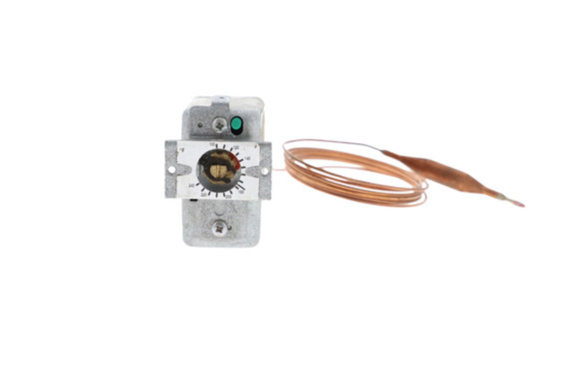 Studio product shot of a Patterson-Kelley 2650000189 commercial boiler high limit temperature switch, displaying its gray protective control casing, prominent red manual reset button, coiled copper capillary line, and immersion sensing probe on a solid white background.