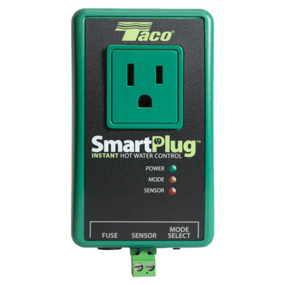 Studio product view of a Taco SP115-1 SmartPlug controller module, showing its clean white rectangular enclosure designed to plug into standard 120V outlets, alongside its connected external black pipe sensor probe and green status LED indicator lights against a solid white background.