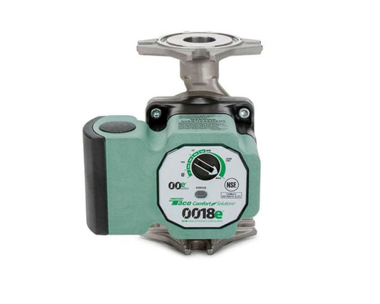 Taco 0018e stainless steel variable speed ECM circulator pump 0018e-SF4 featuring silver metallic pump housing with front-facing black motor head and green speed selection dial