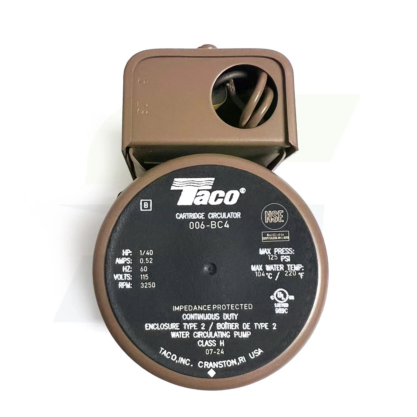 Taco 006-BC4 bronze wet rotor cartridge circulator pump displaying its compact low-lead metallic casing layout, 1/2 inch solder sweat ports, and cylindrical black electrical junction motor cover.
