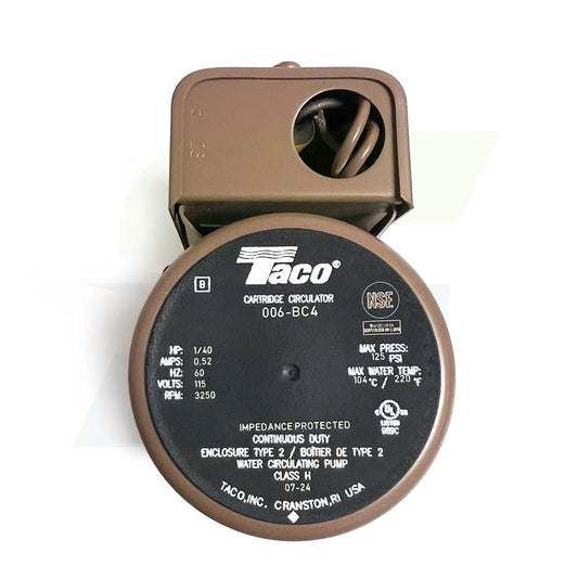 Taco 006-BC4 bronze wet rotor cartridge circulator pump displaying its compact low-lead metallic casing layout, 1/2 inch solder sweat ports, and cylindrical black electrical junction motor cover.