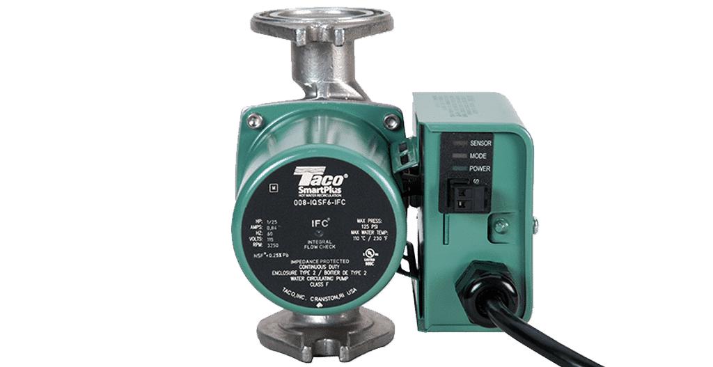 Taco 008-IQSF6 SmartPlus domestic hot water circulator pump showing its premium corrosion-resistant stainless steel flanged pump housing joined to a black self-learning electronic control box module.