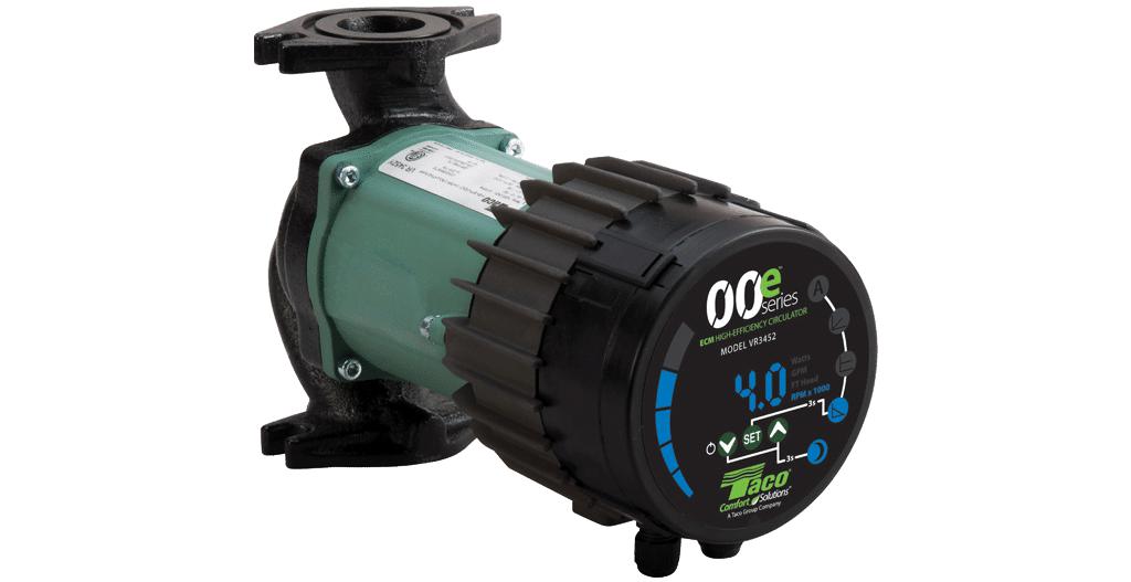 Taco 00e VR1816 high efficiency variable speed ECM circulator pump showing the black electrical casing interface dial and green diagnostic status display screen panel.