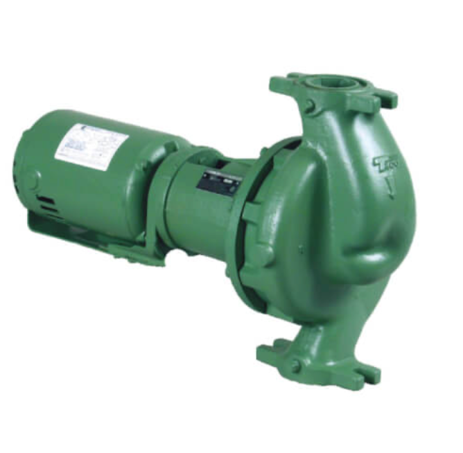 Taco 1610 commercial centrifugal close-coupled inline circulator pump showcasing the signature green cast iron motor block assembly and dual companion flanged inline ports.