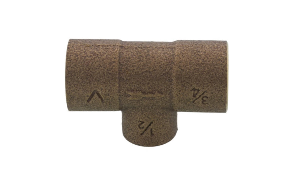 Taco 3/4 inch cast red bronze loop distribution Venturi tee fitting highlighting the clean inline sweat connection sockets and direction of flow marking.