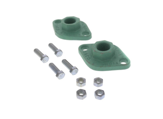Taco 3/4 inch dark cast iron freedom flange companion set 110-251F displaying two slotted rotating flanges along with four mounting bolts and four silver hex nuts