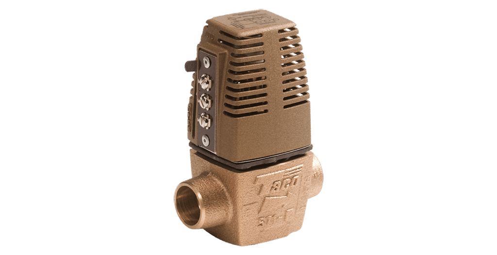 Taco 570 Series Gold Motorized Hydronic Zone Valve with gold actuator head assembly for multi-zone radiant heating lines.