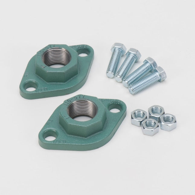 Taco Freedom Flange standard pump companion flange kit displaying two premium green-coated two-bolt cast iron female NPT fittings arranged symmetrically with four high-tensile steel mounting bolts and matching hex nuts against a clean white background.
