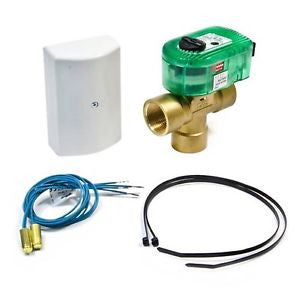 Taco I075C3R-1 iSeries mixing valve showing a 3/4 inch 3-way brass body coupled to a black electronic actuator drive head featuring an outdoor reset adjustment dial and wiring terminal plug ports.