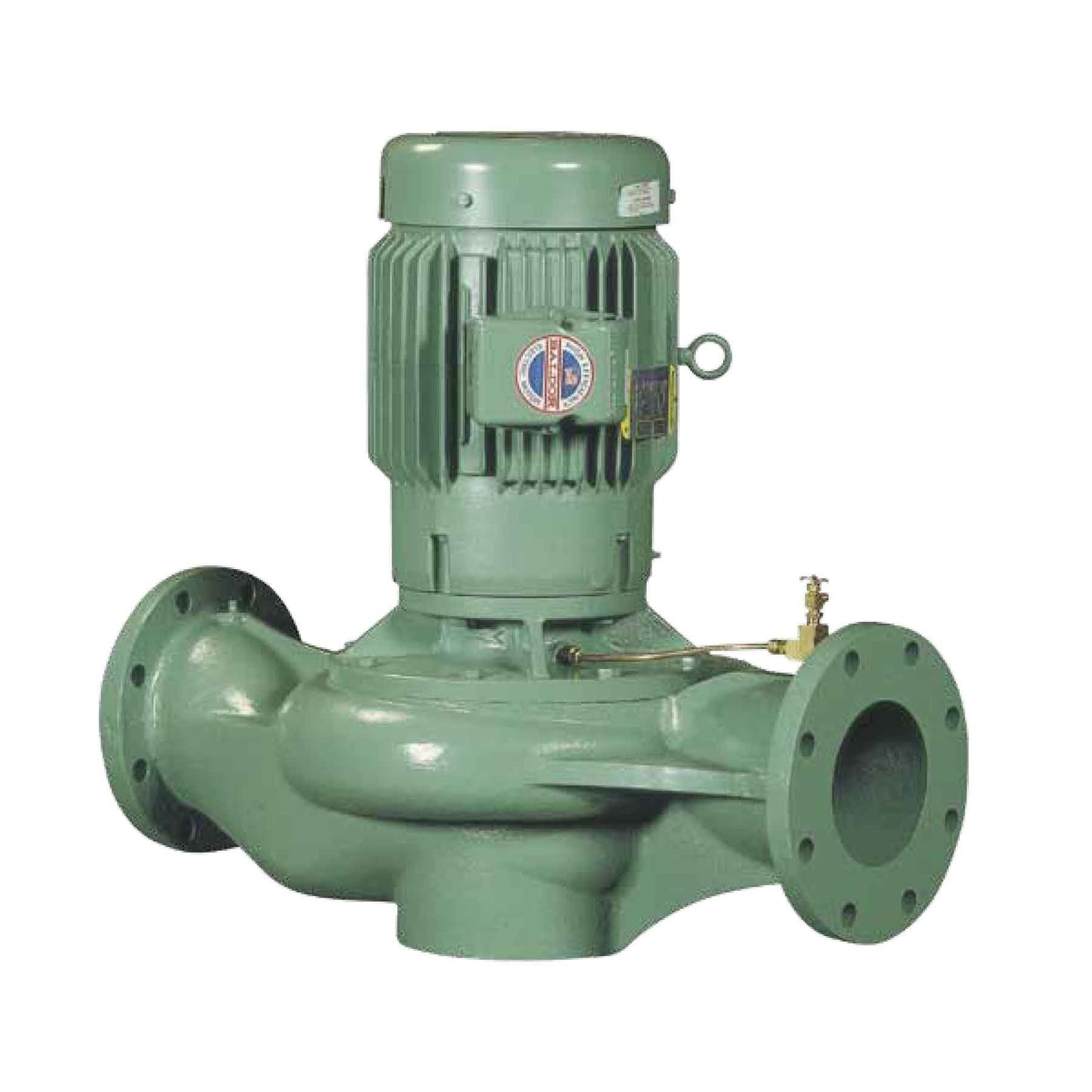 Taco KV2006 vertical in-line commercial pump assembly with 2 inch flanged ports and a top-mounted high-efficiency vertical motor in signature teal green.