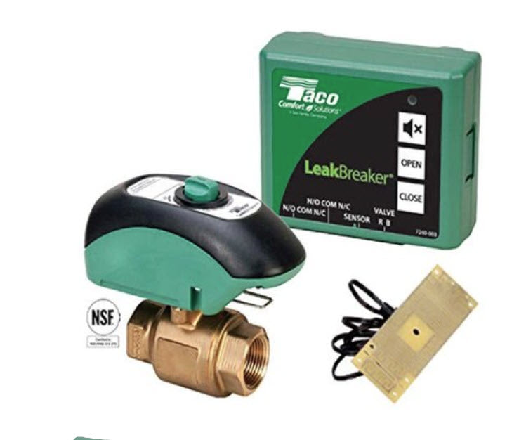 Taco LBW-075-H-2LF LeakBreaker emergency leak protection kit displaying its grey electronic wireless control console, a heavy full-port 3/4 inch brass shut-off valve with mounted motor actuator, and a low-profile white floor water sensor.
