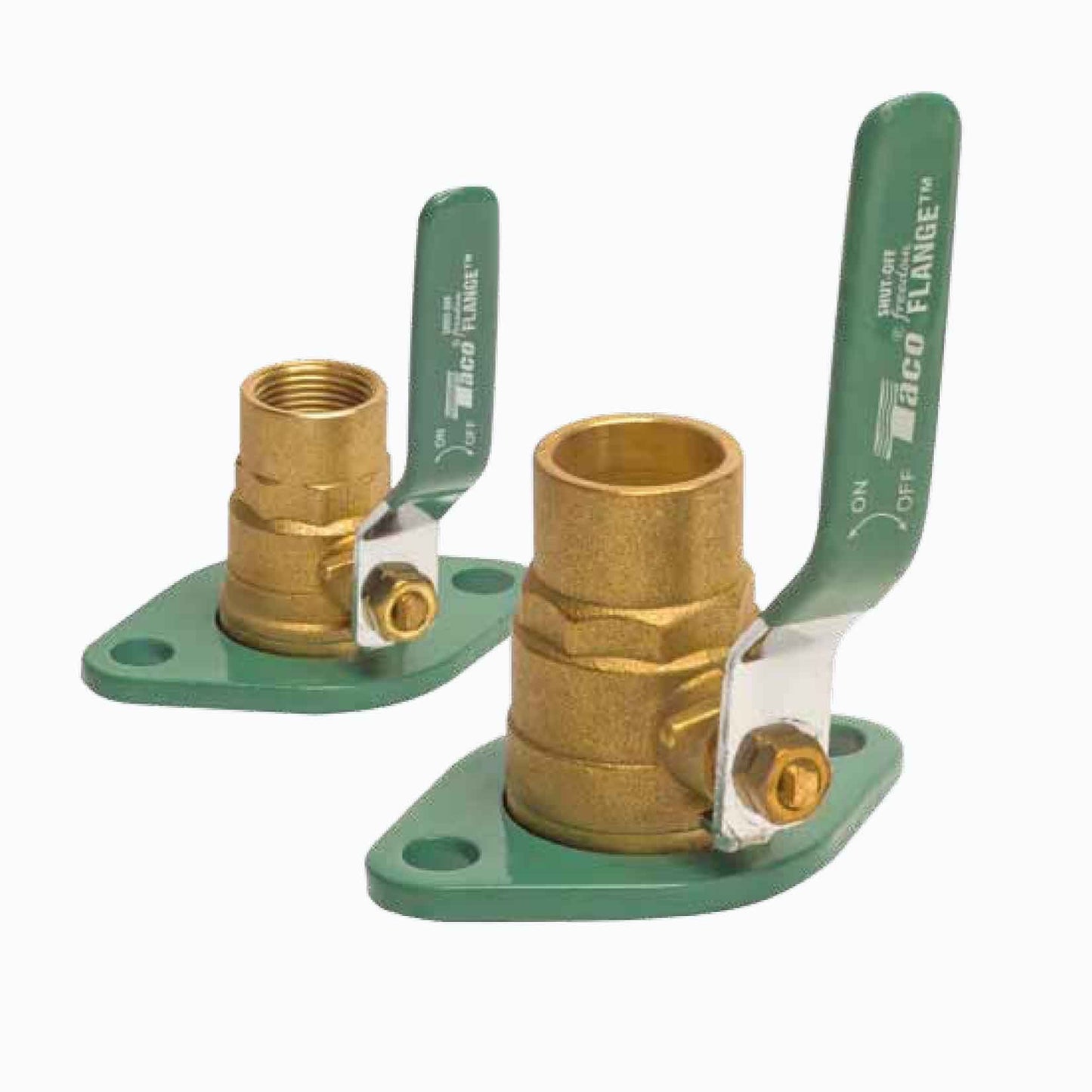 Taco Lead-Free Shut-Off Freedom Flange pair constructed from solid gold-tone brass with a red quarter-turn lever handle attached to an adjustable full-port swivel companion pump mounting ring.