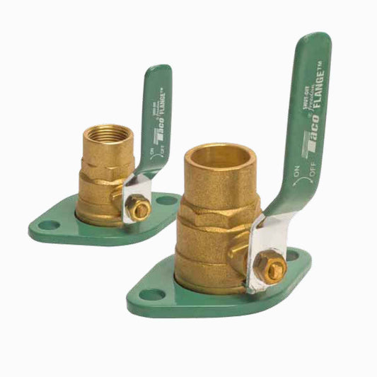 Taco Lead-Free Shut-Off Freedom Flange pair constructed from solid gold-tone brass with a red quarter-turn lever handle attached to an adjustable full-port swivel companion pump mounting ring.