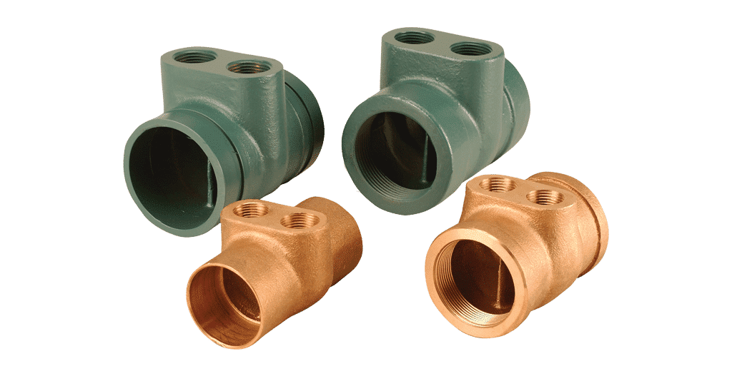 Taco Red Bronze Venturi Balancing Tee Fitting for hydronic secondary loop flow diversion.