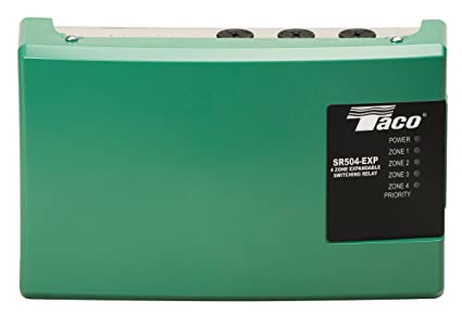 Taco SR504-EXP 4-Zone Expandable Switching Relay steel enclosure box in signature slate green featuring the black faceplate diagnostic window.
