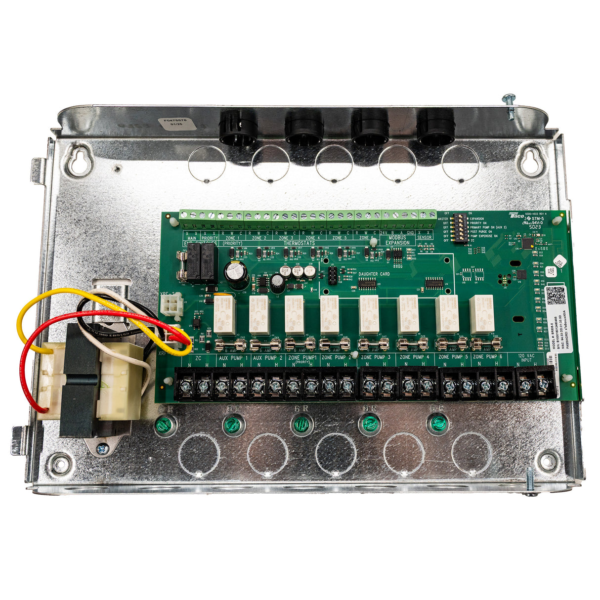 Taco SR506 expandable 6 zone hydronic switching relay featuring a heavy duty green steel enclosure case with external diagnostic LED status window.