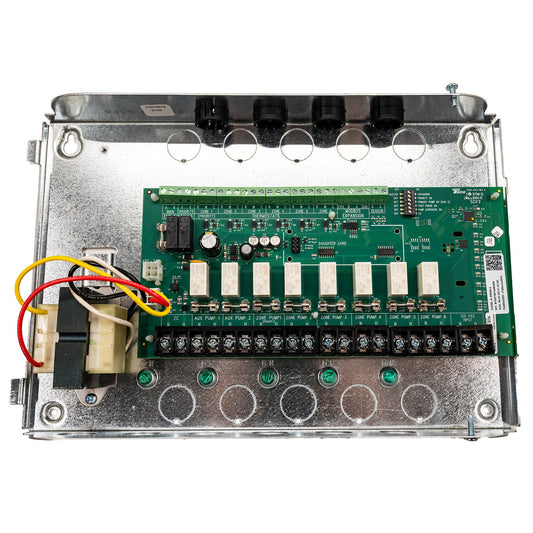 Taco SR506 expandable 6 zone hydronic switching relay featuring a heavy duty green steel enclosure case with external diagnostic LED status window.