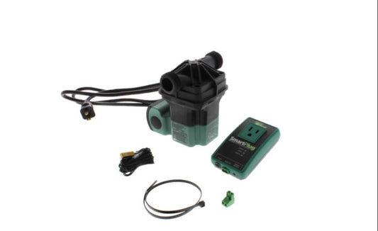 Taco SmartPlus-e high efficiency ECM instant hot water recirculation system showcasing the compact green electronics casing and premium stainless steel body housing connections.