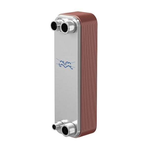 Taco TB-15 20 plate stainless steel brazed plate heat exchanger displaying the four parallel 3/4 inch male NPT connection ports and metallic corrugated channel structure.