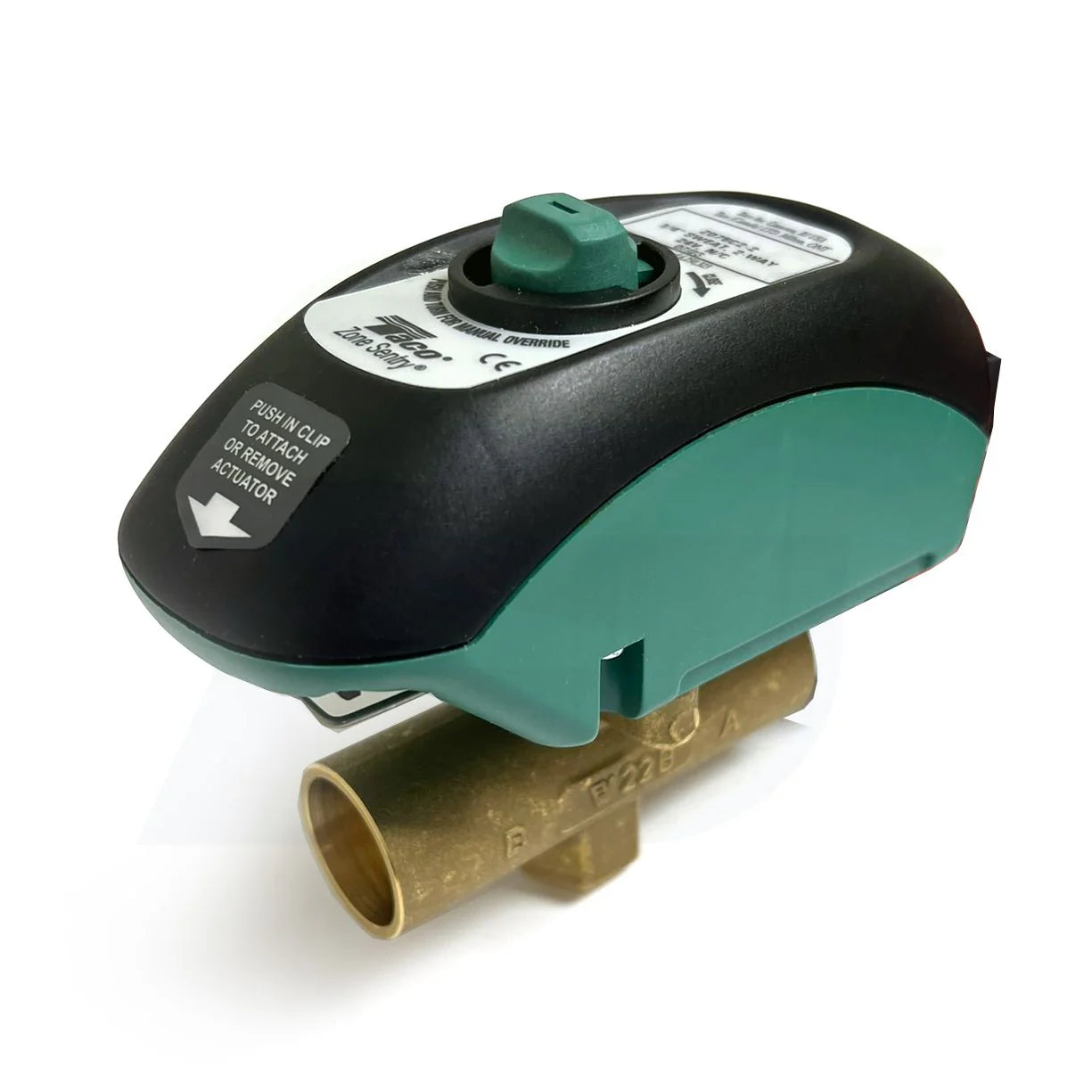Taco potable water zone sentry valve showcasing the compact lead free forged bronze 2 way body structure and green diagnostic LED indicator light.