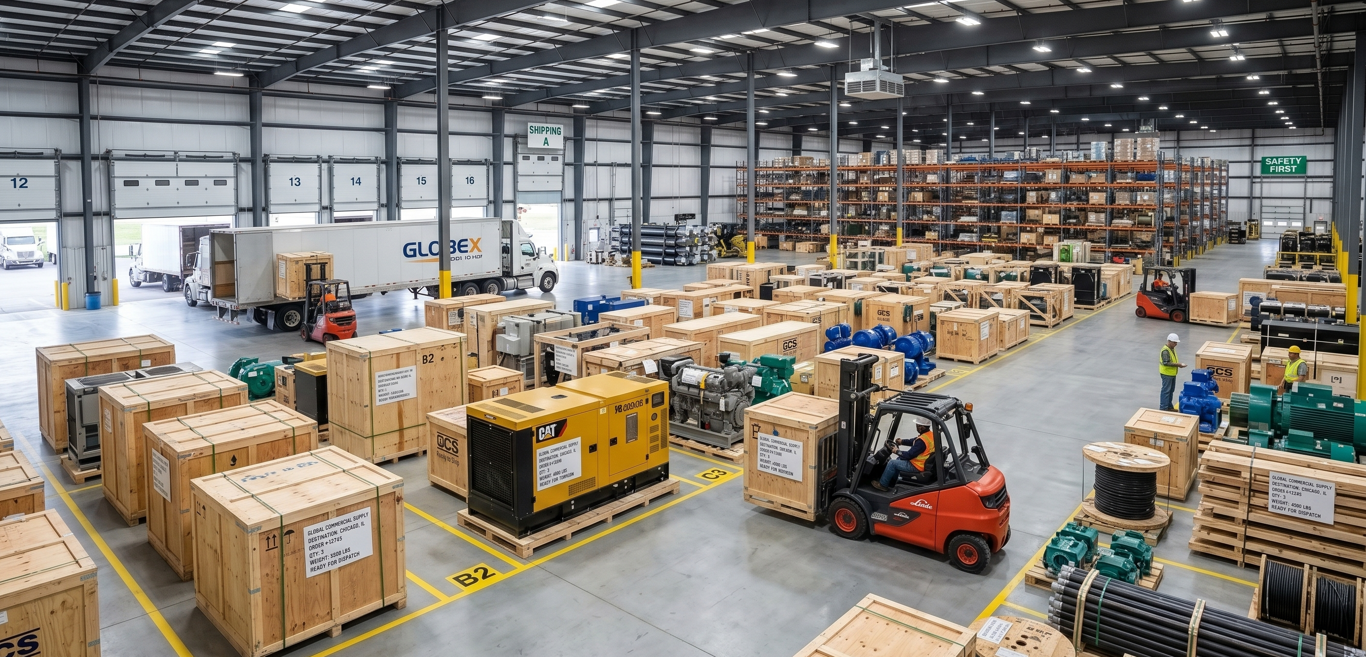 An active commercial shipping warehouse floor showing organized inventory management and forklift distribution.