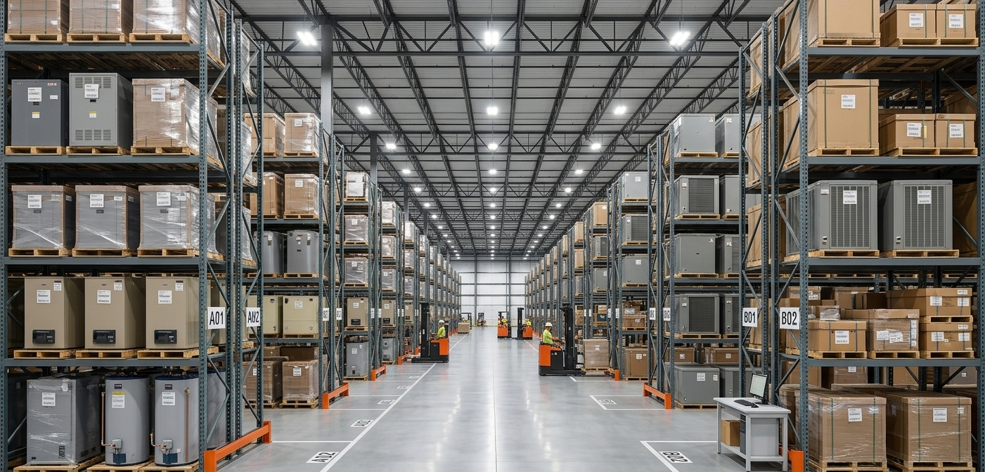 Large commercial distribution center warehouse with high industrial shelving racks for boiler and mechanical parts inventory.