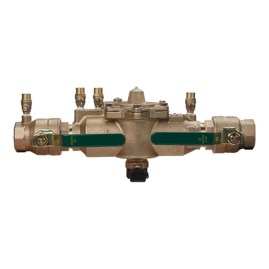 Watts 1.5 inch 009M2 QT reduced pressure zone backflow preventer bronze inline assembly including test cocks and shutoff handles