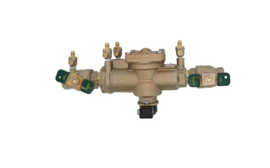 Watts 1 inch 88004053 model 009M2 QT FS reduced pressure zone backflow preventer inline bronze assembly showing dual tee handles