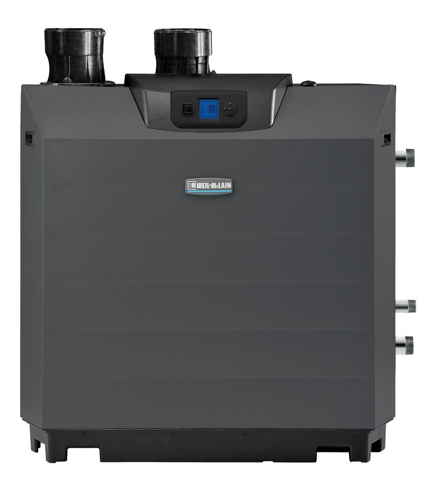 Front view of the Weil-McLain SlimFit 750 commercial condensing gas boiler showcasing the main control interface panel and gray cabinet.