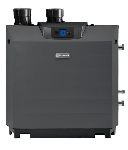 Front view of the Weil-McLain SlimFit 750 commercial condensing gas boiler showcasing the main control interface panel and gray cabinet.