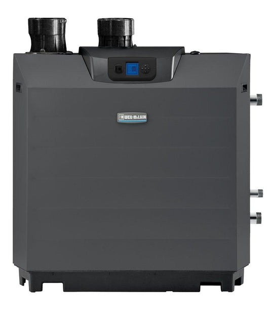 Front view of the Weil-McLain SlimFit 750 commercial condensing gas boiler showcasing the main control interface panel and gray cabinet.