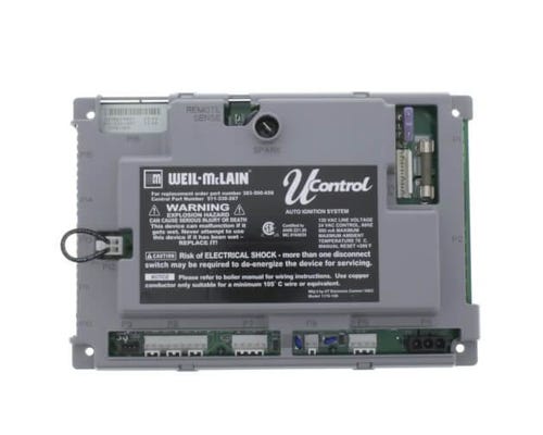 Weil-McLain Ultra series boiler U-control module circuit board layout displaying clean integrated multi-pin wire harness terminals and protective housing container.