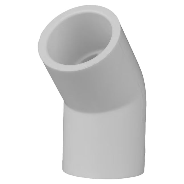 White high impact Schedule 40 PVC 45 degree socket elbow pressure fitting showing thick wall profile with slip receiving hub ports