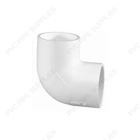 White high impact Schedule 40 PVC 90 degree socket elbow pressure pipe fitting showing uniform thick wall profile with unthreaded slip receiving ends