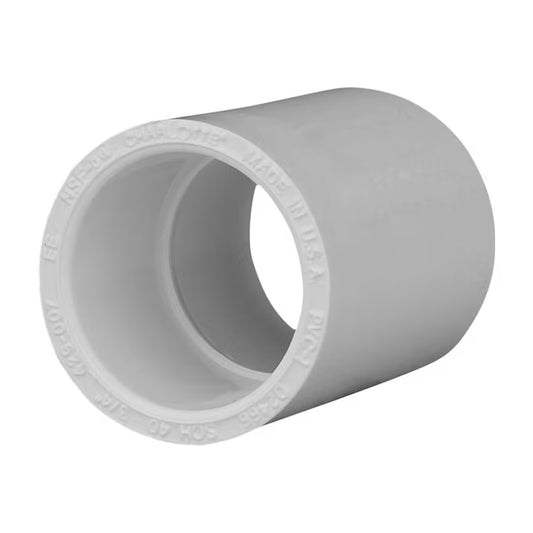 White high impact Schedule 40 PVC socket straight coupling line connector sleeve with dual female unthreaded slip connections